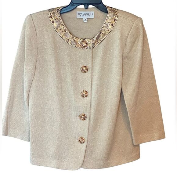 St. John Sz 8 Gold Bronze Metallic Knit Rhinestone Trim Buttons Vintage Jacket - Picture 1 of 8